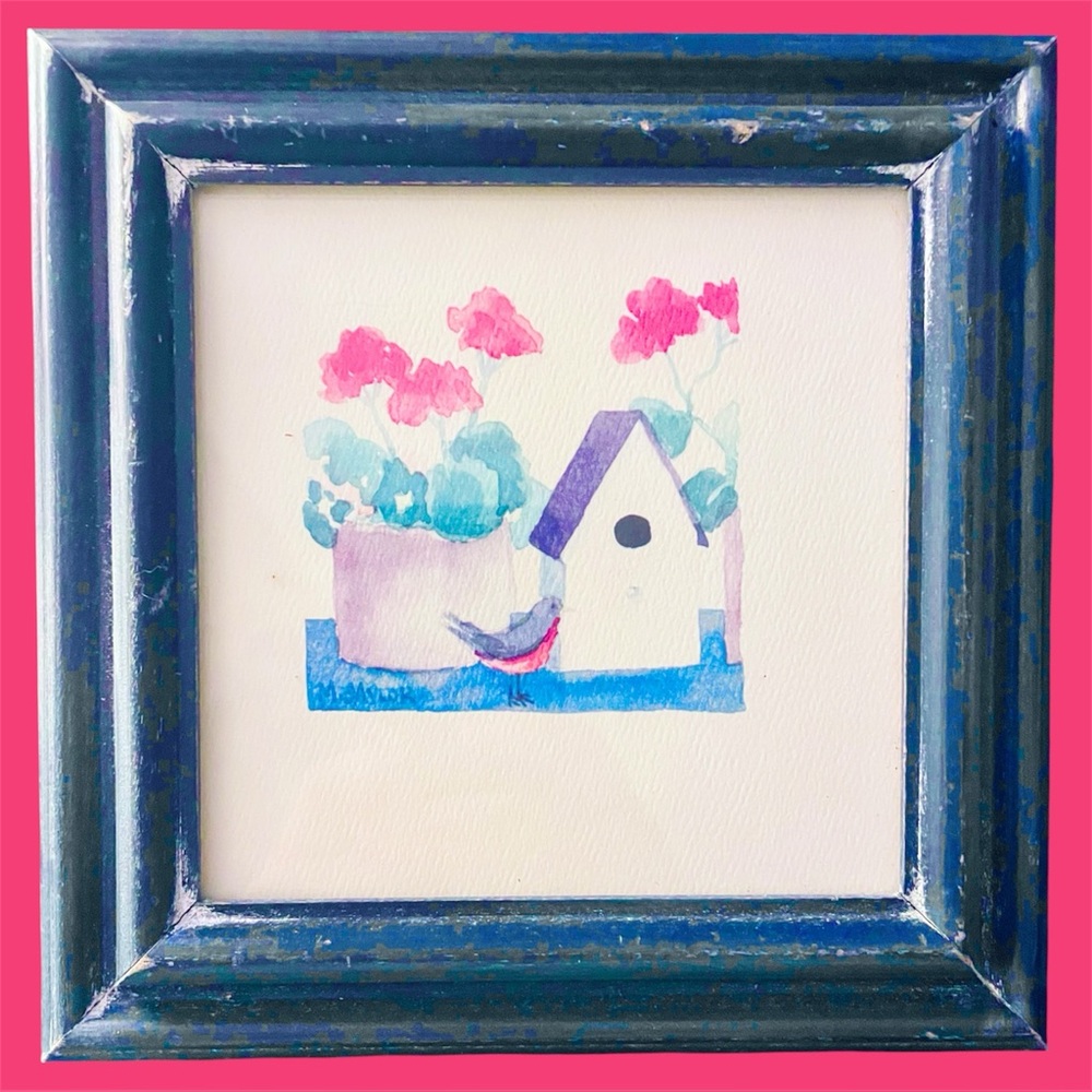 Original Mini Watercolor Painting - Melissa Babcock Saylor Robin & Geraniums